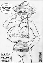 1girls areolae athletic athletic_female blonde_hair blue_eyes bra breasts busty cleavage clothing dialogue drawing drawn english_text female gigantic_breasts glassfish karmagik light-skinned_female light_skin major_melons mature_female milf muscular_female partially_clothed seductive sketch speech_bubble straight thick_thighs voluptuous