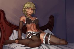 bed bedroom blonde_hair bulge flaccid flaccid_penis futa_only futanari green_eyes lingerie pale_skin penis_under_clothes solo_futa tumtumisu