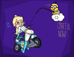 1girls ass biker_clothes clothes_stuck_on_object embarrassed female hanging_wedgie lakitu large_ass mario_(series) mario_kart motorcycle nintendo panties princess_rosalina text wedgie