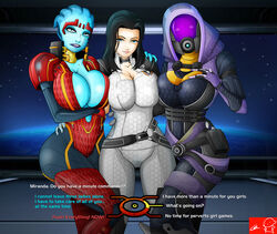 1boy 3girls alien alien_girl asari bioware blue_skin breast_press breast_squeeze breast_to_breast breasts breasts_to_breasts busty cleavage cleavage_cutout commander_shepard curvaceous curves curvy curvy_body curvy_female curvy_figure curvy_hips dialogue_options female hips hourglass_figure huge_breasts human humanoid legs looking_at_viewer male_pov maleshep mass_effect mass_effect_2 mass_effect_3 milf miranda_lawson multiple_girls offscreen_character offscreen_male pov quarian samara take_your_pick tali'zorah_nar_rayya thick thick_legs thick_thighs thighs voluptuous watermark wide_hips witchking00