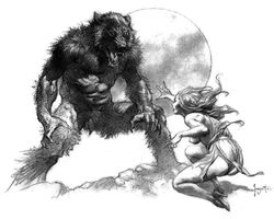 1boy 1girls anthro balls ballsack body_fur breasts canine claws fangs female flaccid_penis foreskin frank_frazetta full_moon human humanoid_penis intact long_hair male monochrome penis scrotum shaggy_fur testicles uncut unretracted_foreskin werewolf wolf