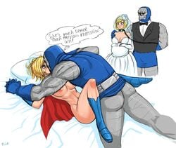 1boy 1girls aroused athletic_female bad_end big_breasts blonde_hair blue_eyes breasts breeding_slave bridal_dress bride captured captured_heroine captured_superheroine clothing collar darkseid dc dc_comics defeated defeated_heroine defeated_superheroine dialogue enemies female fit_female flick forced_kiss groom hand_holding husband_and_wife impregnation interlocked_fingers interspecies karen_starr kissing kissing_while_penetrated large_breasts larger_male leash light-skinned_female male marriage married_couple mature_female mature_male missionary_position navel nipples on_back penetration pinned pinned_down power_girl pregnant pregnant_bride questionable_consent rape restrained restraints sex sex_slave short_hair size_difference slim_waist smaller_female spread_legs superheroine superman_(series) supervillain thick_thighs vaginal_penetration wedding_dress wide_hips