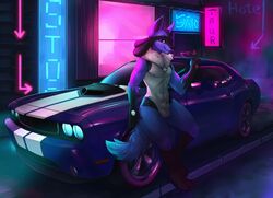 absurd_res anthro city digital_media_(artwork) dodge_(brand) hi_res lionel_aurastar looking_at_viewer lucario male male_only night nintendo nude pokemon pokemon_(species) solo taurusart vehicle video_games