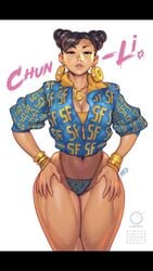 1girls 2018 bad_id bad_twitter_id bracelet bracelets brown_eyes brown_hair capcom chun-li chun-li_(cover_girl) cleavage clothed clothed_female clothes clothing color colored cosplay cropped_jacket curvaceous curvy dark_hair dated double_bun earrings english english_text facing_viewer female female_focus female_only female_solo hair hair_bun hair_buns hand_on_hip hands_on_hips hi_res human human_only jacket jewelry kneehighs legs light-skinned_female light_skin looking_at_viewer muscular_thighs navel necklace negarobo open_eyes parody revealing_clothes robaato round_ears signature skimpy solo solo_female solo_focus standing street_fighter text thick thick_legs thick_thighs thighs thin_waist thong tied_hair title udon_entertainment uncensored underwear voluptuous waist white_background wide_hips