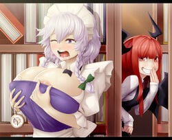 2girls absurd_res absurdres big_breasts blue_eyes blush blushing braided_hair braids breast_expansion breast_hold breast_inflation breast_squeeze breasts bursting_breasts cleavage commentary_request cute_face dripping drooling embarrassed erect_nipples exposed_breasts female female_only hi_res highres horny huge_breasts inflation koakuma large_breasts long_hair looking_pleasured maid maid_headdress maid_outfit maid_uniform materclaws mouth_open multiple_girls nipple_bulge nipple_squeeze nipple_tweak nipples one_eye_closed open_mouth pleasure_face puffy_nipples ready_to_pop red_eyes red_hair ripped_clothing ripping_clothing sakuya_izayoi self_grope self_groping shiny shiny_breasts shiny_skin solo sweat sweatdrop sweating tearing_clothes tight tight_clothes tight_clothing touhou twin_braids white_hair