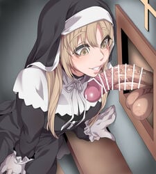 balls bekon15 blonde_hair brown_eyes censored confession confession_booth confession_box confessional large_penis nijisanji nun penis sister_cleaire smile virtual_youtuber