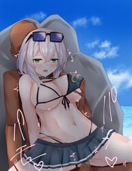 bikini bikini_aside breast_grab breasts dark-skinned_male dark_skin female green_eyes hololive hololive_fantasy hololive_japan large_breasts male penis sex shirogane_noel sitting_on_lap skirt stealth_sex straight sunglasses sunglasses_on_head tikuwazyousyou vaginal_penetration virtual_youtuber white_hair