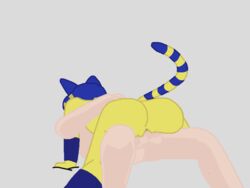 1boy animal_crossing animated ankha armbands ass blue_hair catgirl cowgirl_position eggwater egyptian female nintendo paws penis pussy simple_background stripes tail unseen_male_face white_skin woman_on_top year_request yellow_fur