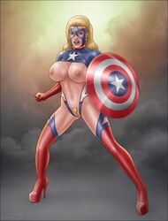 1girls american_dream athletic athletic_female big_breasts blonde_hair blue_eyes boots breasts captain_america's_shield captain_america_(series) cleavage clitoral_hood clitoris clothing deep_cleavage earrings erotic_earth female female_focus female_only female_pubic_hair footwear full_body gloves hair_pulled_back handwear high-heeled_jill high_heel_boots high_heels huge_breasts human human_only labia large_breasts long_hair marvel marvel_comics mask mostly_nude navel pinup pinup_pose pose posing pubic_hair pussy revealing_clothes ribs shannon_carter skimpy skimpy_clothes sling_bikini solo tagme thigh_boots vagina