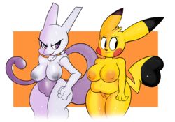 2020 2girls absurd_res alternate_version anthro anthrofied blackmore breasts cosplay_pikachu felid feline female female_only front_view genitals hi_res jewelry legendary_pokémon mammal mewtwo milftwo multiple_girls navel necklace nintendo nipples nude pikachu pokemon pokemon_(species) pussy rodent simple_background standing thick_thighs video_games