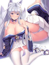 1girls absurdres animal_ear_fluff animal_ears anus arm_support ass azur_lane bangs bare_shoulders blush breasts cleavage eyebrows_visible_through_hair female fox_ears fox_girl fox_tail grey_hair hair_ornament highres japanese_clothes kimono kitsune large_breasts light-skinned_female light_skin long_hair looking_at_viewer melopun multiple_tails off-shoulder_kimono open_toe_shoes panties purple_eyes sakura_empire_(azur_lane) shinano_(azur_lane) silver_hair sitting tabi tail thighhighs thighs white_hair yokozuwari