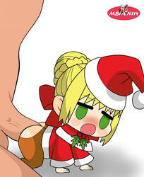 1boy 1girls ass blonde_hair blush chibi christmas christmas_outfit fate/extra fate/grand_order fate_(series) female green_eyes larger_male male mbhen114 meme mistletoe nero_claudius_(fate) padoru padoru_(meme) penis smaller_female