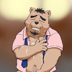 1:1 2020 anthro belly black_nose blush bodily_fluids brown_body brown_fur ch_ia_ki closed_eyes clothed clothing cum cum_on_face cum_on_stomach fur genital_fluids hi_res humanoid_hands kemono male male_only mammal navel open_clothing open_shirt open_topwear shirt slightly_chubby solo topwear ursid