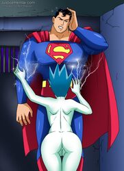 1boy 1boy1girl 1girls anus ass black_eyes black_hair blowjob blue_hair clothed dat_ass dc dc_comics dcau dizzy electricity erofus fellatio female gritted_teeth hand_on_head justicehentai.com livewire male nude_female on_knees one_eye_closed pussy red_cape short_hair straight superman superman:_the_animated_series superman_(series) vagina white_skin