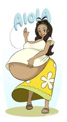 belly_button big_belly big_breasts brown_hair cleavage dark_skin elio_(pokemon) english_text female hand_gesture highres huge_belly long_hair looking_at_viewer marrazan milf mother_(pokemon_sm) pokemon pokemon_sm pregnant ready_to_pop sandals selene_(pokemon) signature simple_background smiling sunglasses sunglasses_on_head tagme thick yellow_eyes