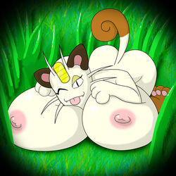 anthro boobs breasts feline female large_breasts laying_down meowth nipples pokémon_(species) pokemon pokemon_(species) pokemon_snap_xxx thegeckodemon tits tongue_out winking