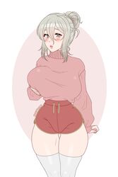 1girls big_breasts blush braid breast_grab clothed cryptid_crab effie_(fire_emblem) fire_emblem fire_emblem_fates fully_clothed grabbing_own_breast green_eyes huge_breasts large_breasts lips looking_at_viewer milf nintendo short_hair shorts silver_hair solo solo_female sweater thighhighs thighs white_background