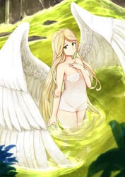 1girls angel angel_wings bare_legs bare_shoulders bath bathing blackmachoo blonde_hair cleavage collarbone fire_emblem fire_emblem:_path_of_radiance green_eyes leanne_(fire_emblem) long_hair looking_at_viewer medium_breasts naked_towel smile solo solo_female thighs towel very_long_hair wings