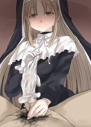 1boy 1girls 4may3 blonde_hair blush brown_eyes censored cum_in_glove female femdom glovejob gloves gloves_removed handjob light-skinned_female light-skinned_male light_skin male nijisanji nun penis penis_in_glove sister_cleaire straight virtual_youtuber