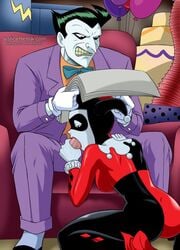 angry ass batman:_the_animated_series batman_(series) blowjob bodysuit bowtie canon_couple chair dat_ass dc dc_comics dcau fellatio handjob harley_quinn harley_quinn_(classic) jester_cap joker justicehentai.com on_knees penis purple_suit sitting sitting_on_chair suit the_joker white_skin