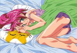 1girls 90s armpits ass bare_arms bare_legs bare_shoulders bed_covers bed_sheet breasts cameltoe cleavage clothing eyebrows_visible_through_hair feet female female_only green_eyes kouzaka_kouhei long_hair looking_at_viewer lying medium_breasts mika_(viper) official_art on_side pillow pink_hair sheet_grab shorts sogna soles solo tank_top thighs viper_(series) viper_m1