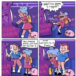 1boy 1girls arcade blobby_and_friends blobby_hate blobby_the_blobfish blue_hair clothed_sex comic edit english_text exhibitionism female homophobic_slur humor lily_(blobby_and_friends) male panties panties_down sex text webcomic young