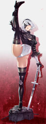 female flexible high_heels leg_up nier nier:_automata nier_(series) one_leg_raised one_leg_up splits tagme thighhighs vertical_splits white_hair yorha_2b
