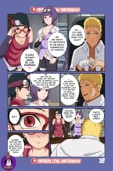 1boy 2girls age_difference boruto:_naruto_next_generations breasts caught caught_in_the_act chapter_1 cleavage comic dialogue english_text female hiding human kakei_sumire male mrchungus multiple_girls naruto naruto_(series) nervous nervous_smile office page_18 right_to_left sarada_uchiha seducing sharingan speech_bubble story talking text under_the_table unzipped uzumaki_naruto worried