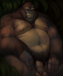 2020 anthro ape balls digital_media_(artwork) foreskin genitals gorilla haplorhine hi_res long_foreskin male male_only mammal nipples nude overweight overweight_anthro overweight_male penis primate quorum-s solo uncut