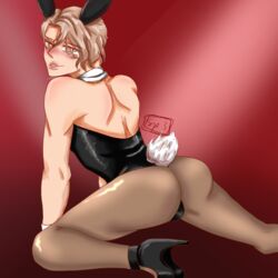 arm_support asmodeus_(obey_me) ass bare_shoulders big_butt bulge bunny_boy bunny_costume bunny_ears bunny_tail bunnysuit crossdressing demon legwear looking_at_viewer looking_back obey_me!_one_master_to_rule_them_all pantyhose yaoi