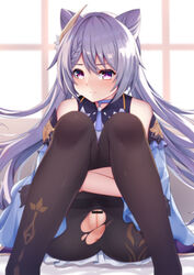 1girls animal_ears anus bar_censor cat_ears censored clothed clothed_female female female_focus female_only fully_clothed genshin_impact highres keqing_(genshin_impact) long_hair looking_at_viewer pantyhose purple_eyes purple_hair pussy qunqing ripped_clothing solo solo_female tagme torn_clothes torn_legwear twintails