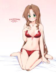 2021 aerith_gainsborough bandaged_leg bandages bandaid bed blush bra breasts brown_hair female final_fantasy final_fantasy_vii green_eyes kneeling krudears lingerie long_hair medium_breasts necklace panties red_bra red_lingerie red_panties ring scar side-tie_panties sideboob