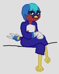 3_fingers 4_toes animal_crossing beak bird blue_eyes blue_feathers eggwater eye_contact eyelashes feathers female flat_chest half-closed_eyes hands_on_lap legs_crossed looking_at_viewer multicolored_hair nintendo relaxed robin_(animal_crossing) short_hair simple_background sitting smile tail talons yellow_feet