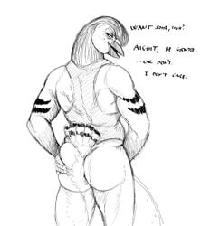 2020 anthro anus ass avian bird bodily_fluids bottomless clothed clothing columbid english_text genital_fluids hi_res hladilnik looking_back male monochrome muscular muscular_anthro muscular_male peeing pidge_(hladilnik) pigeon presenting presenting_anus rear_view sketch solo spread_butt spreading text urine