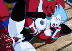 big_breasts black_legwear black_lipstick blue_hair breasts dc dc_comics dcau from_behind glowing_eyes grey_eyes groping_breast groping_from_behind hand_on_breast hand_on_thigh justicehentai.com leg_up legwear livewire looking_back nipples one_leg_up open_mouth parasite_(dc) penis red_skin ripped_clothing smile spoon_position spread_legs superman:_the_animated_series superman_(series) vagina vaginal_insertion vaginal_penetration vaginal_sex white_eyes white_skin