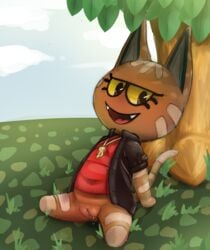 animal_crossing anthro bodily_fluids bottomless clothed clothing domestic_cat felid feline felis female genital_fluids genitals grass hi_res katt_(animal_crossing) looking_at_viewer mammal nature nintendo pussy pussy_juice resting semi-anthro sitting solo tree video_games yang_(artist)