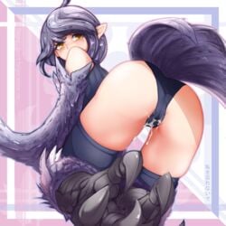 ahoge ass bare_shoulders bird_tail black_panties blush cameltoe commentary cum cum_on_pussy english_text female from_behind grey_hair harpy looking_back monster_girl monster_girl_encyclopedia nanostar panties pointy_ears pussy_juice short_hair solo talons thighhighs underwear winged_arms yellow_eyes