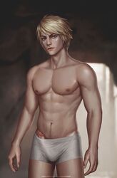 1boy abs balls_in_underwear blagburn blonde blonde_hair blue_eyes boxers boxers_(clothing) erection erection_pushing_underwear erection_under_clothes ezreal face_paint facepaint highres human human_only league_of_legends light-skinned_male light_skin looking_at_viewer male male_chest male_focus male_nipples male_only muscle muscles muscular muscular_male nipples pecs pectorals penis penis_in_underwear penis_out penis_out_of_underwear six_pack solo solo_focus solo_male standing sweat sweating sweaty underwear underwear_only white_underwear