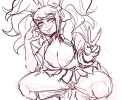 1girls areolae big_breasts boots cleavage danganronpa female_focus female_only gyaru junko_enoshima long_fingernails nails notsafeforfruit panties peace_sign short_skirt sketch smiling squatting straight_hair thick_thighs tongue tongue_out twintails