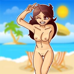 beach exhibitionism female jaiden jaiden_animations nude_female peace_sign public public_nudity solo somebodyendme18 tan_skin tanline voyeurism winking youtube youtuber