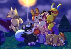 animal_crossing big_breasts black_body black_fur blue_body blue_eyes blue_fur bodily_fluids breasts brown_body brown_fur bunnie_(animal_crossing) canid canine canis cum cum_on_breasts drooling female flower fur genital_fluids genitals group group_sex hi_res huge_breasts human humanoid june_(animal_crossing) lagomorph lamp leporid lightpost male mammal milk mira_(animal_crossing) night nintendo orgy outside penis plant pussy pussy_juice rabbit red_body red_fur rodent saliva sciurid sex sqwdink straight sweat tasha_(animal_crossing) tree ursid video_games vivian_(animal_crossing) white_body white_fur wolf yellow_body yellow_eyes yellow_fur