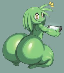 2020 ass big_ass big_butt bottom_heavy bubble_ass bubble_butt female gigantic_ass green_skin hi_res huge_ass huge_butt jay_(sqoon) large_ass looking_at_viewer looking_back nintendo_switch plump plump_ass puwa round_ass shortstack simple_background sqoon sssonic2 teapot_(body_type) thick_thighs wide_hips yellow_eyes