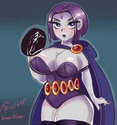 1girls big_breasts bob_cut cloak corset dark_hair dc dc_comics female female_only goth grey_skin highres large_breasts pinup pout pouting purple_hair rachel_roth raven_(dc) shiny solo superheroine teen_titans thiccster