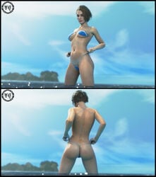 3d ass bare_midriff blue_eyes breasts brown_hair bubble_butt busty capcom female female_focus female_only g-string hourglass_figure jill_valentine jill_valentine_(sasha_zotova) medium_breasts micro_bikini navel outdoors pose posing resident_evil resident_evil_3 resident_evil_3_remake short_hair solo standing tagme teardrop_bikini teardrop_bikini_bottom th3celtic theceltic underboob water wet wide_hips