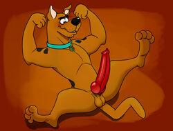 anthro brown_fur canine canine_penis collar dick dog flexing furry hanna-barbera large_penis male male_only neenya penis scooby-doo scooby-doo_(character) solo tail testicles