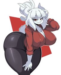 1girls 2020 ass bending_forward bending_over big_ass big_breasts big_butt bottom_heavy breasts bubble_butt cleavage clothed clothing demon dress eyebrows_visible_through_hair eyes_half_open fat_ass female female_only fully_clothed fur furry furry_tail goat_lucifer_(helltaker) helltaker large_ass large_breasts looking_at_viewer lucifer_(helltaker) nipples_visible_through_clothing pants pantylines plump plump_ass red_eyes simple_background sssonic2 tail thick_ass thick_thighs tight_pants video_games white_background white_fur white_hair