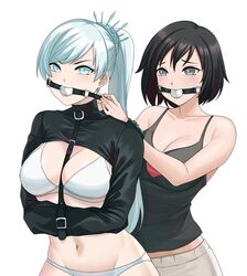 2girls aori_sora arms_behind_back ball_gag bangs bdsm black_hair blue_eyes blush bondage bondage_outfit bra breasts camisole cleavage clothed collarbone cuffs duo female female_only femsub gag gagged grey_eyes human long_hair multiple_girls multiple_subs navel pajamas ponytail putting_on_gag ruby_rose rwby short_hair straitjacket sub_dominating_sub swept_bangs uzga v-shaped_eyebrows weiss_schnee white_ball_gag white_bra