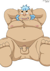 2019 anthro anus balls belly erection genitals gouryou hi_res kemono lara male male_only mammal moobs navel nipples overweight overweight_anthro overweight_male penis simple_background small_penis solo suid suina sus_(pig) tokyo_afterschool_summoners video_games white_background wild_boar