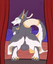 absurd_res anus backsack balls black_body black_fur covertcanine egyptian fur gaping gaping_anus genitals gold_markings hi_res inviting king_manu looking_back male male_only markings paws presenting sergal smug solo white_body white_fur