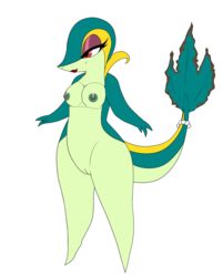 anthro beatrice_(ix) beauty_mark breasts crovirus eyelashes eyeshadow female game_freak jewelry lipstick makeup mole_(marking) mole_under_eye nipples nude pinup pokemon pokemon_(species) pussy red_eyes snivy solo